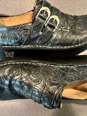 Alegria Paloma Mary Jane Shoes Black Embossed Leather Comfort Clogs US 8-8.5  SM